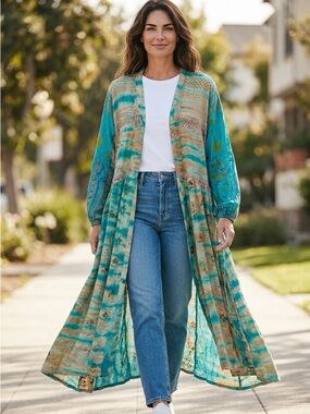 NWT Kantha Bae Evermore Kimono in Turquoise Tie Dye Sz 00-22/24